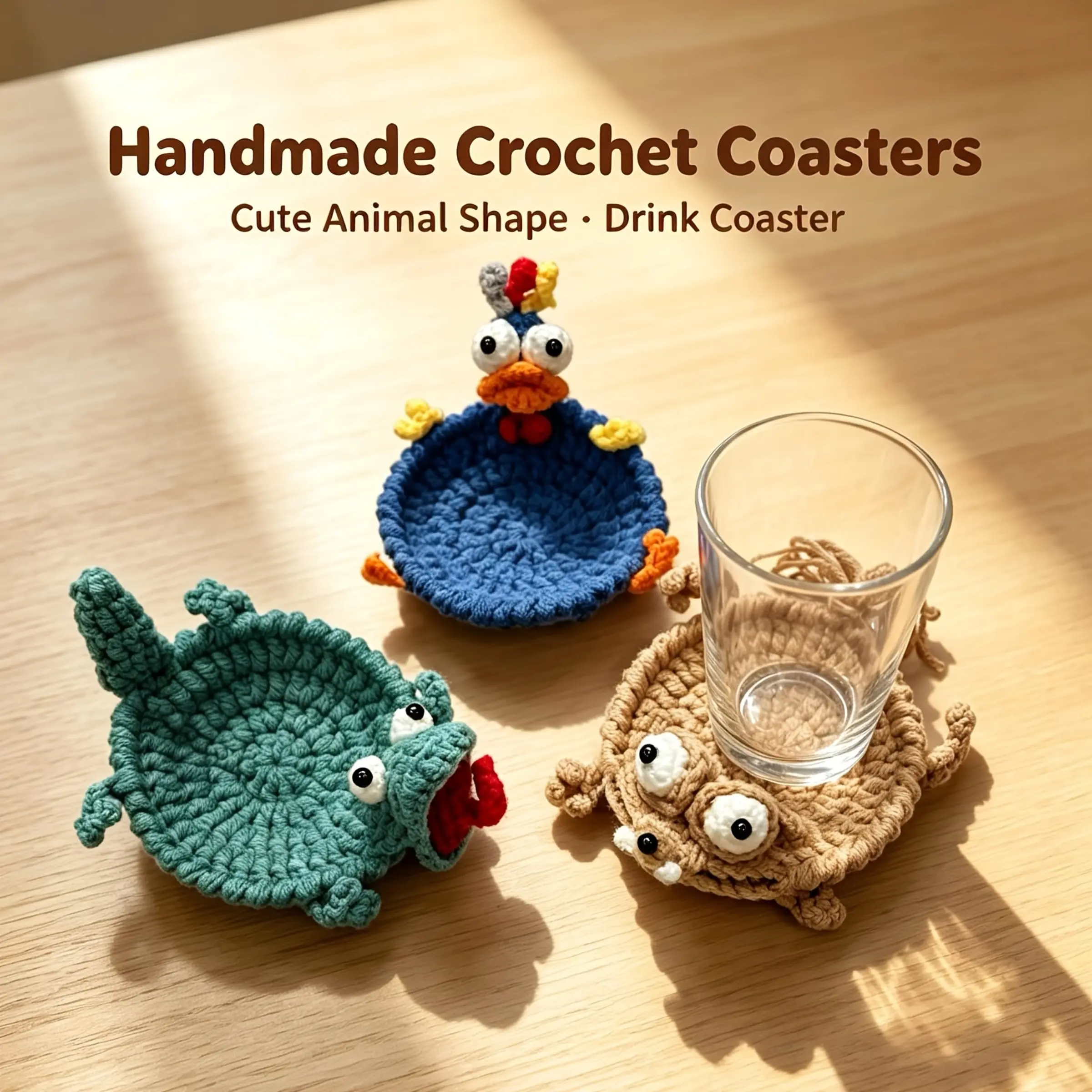 3-Piece Handmade Crochet Cartoon Animal Coasters – Crocodile, Chicken & Squirrel Yarn Woven Cup Mats, Non-Slip & Absorbent Coffee Coasters, Coasters For Drinks for Home & Office Desktop Decor, Housewarming Gift & Birthday Gift