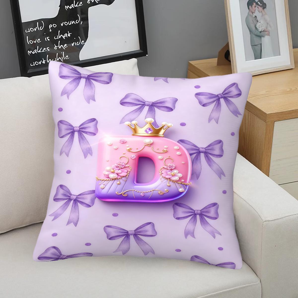 Purple 3D Letter A-Z Crown Throw Pillow 1 Pc with Insert, Soft Comfortable Square Cushion with Zipper Closure for Sofa Chair & Bedroom, Exclusive Customization with Initials Gift, Princess Style Home Decor