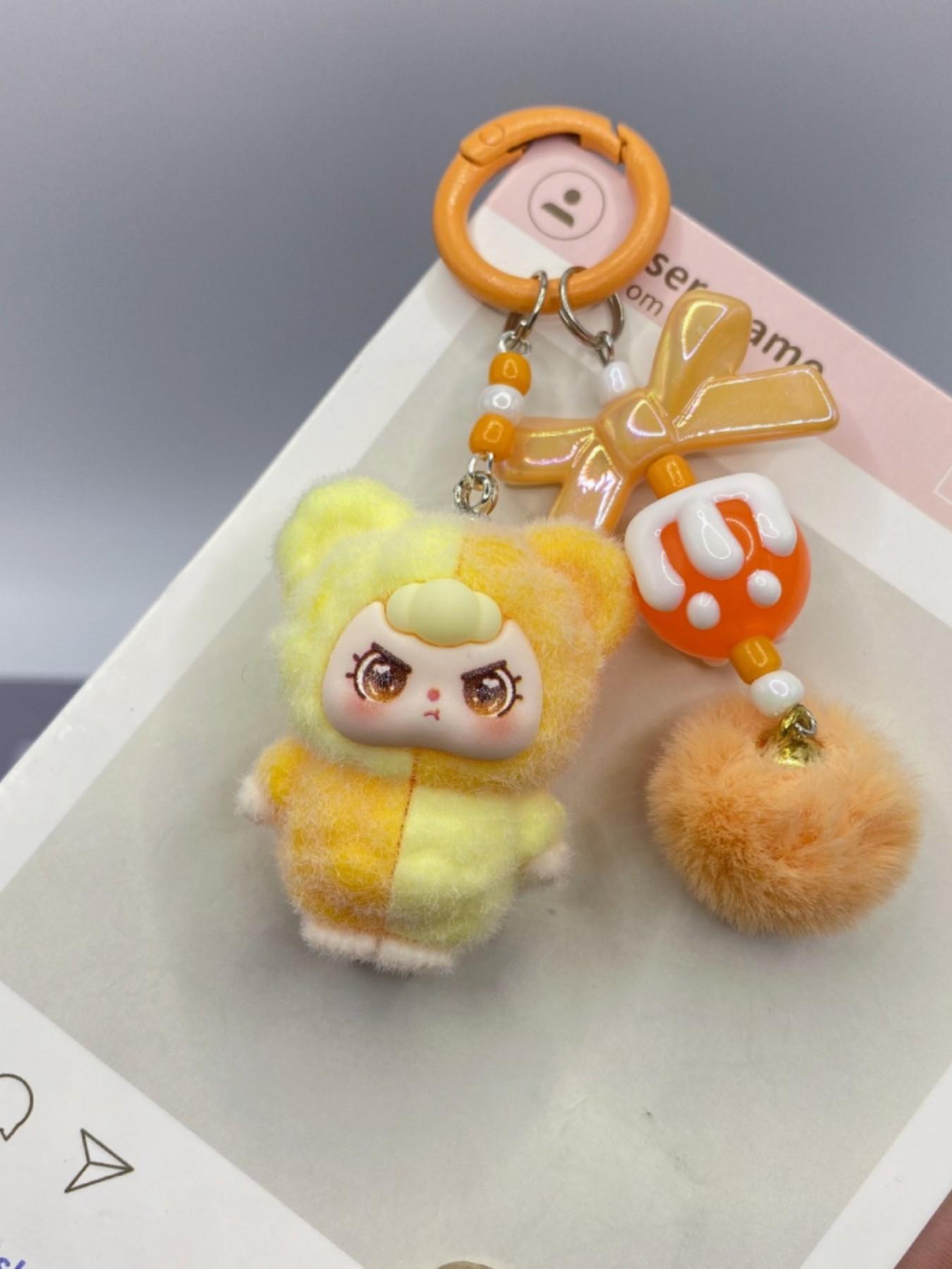 Kawaii Cute Dopamine Flocked 3-Year-Old Doll Keychain, Color Block Bow Moe Beads Bag Charm, Sweet Backpack Pendant Car Key Ornament Phone Strap, Ideal Birthday Christmas Valentine's Day Gift for Student Girls