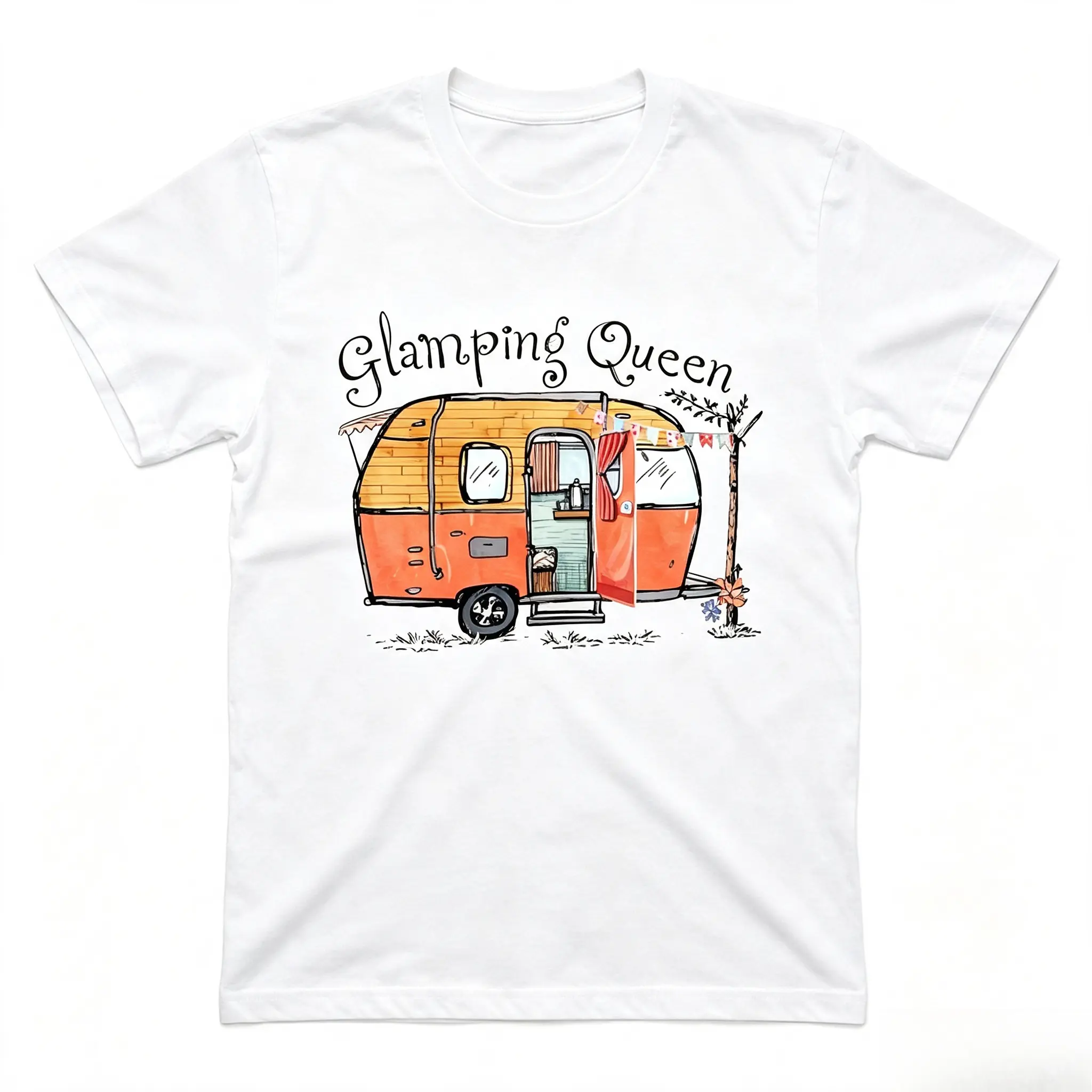 Women's Oversized Organic Cotton T-Shirt - Glamping Queen Vintage Camper Graphic, Comfort Fashion Outfit, Cute Camping Casual Top, Machine Washable, Perfect Valentine's Day Gift for Lovers
