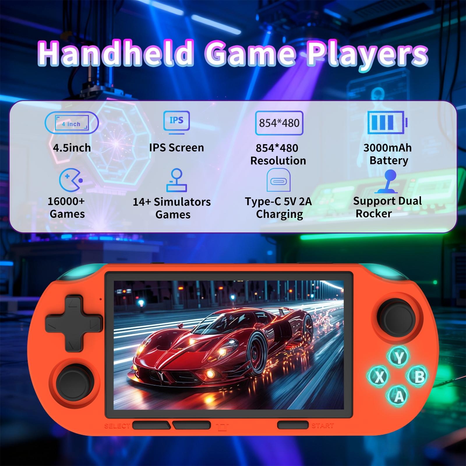 GAMINJA ANS16 Portable Handheld Game Console with 4.5 Inch IPS Screen, Retro Video Games RGB Lights, 14 Emulators Including Ps1 Gba Sfc, Rechargeable Portable Console