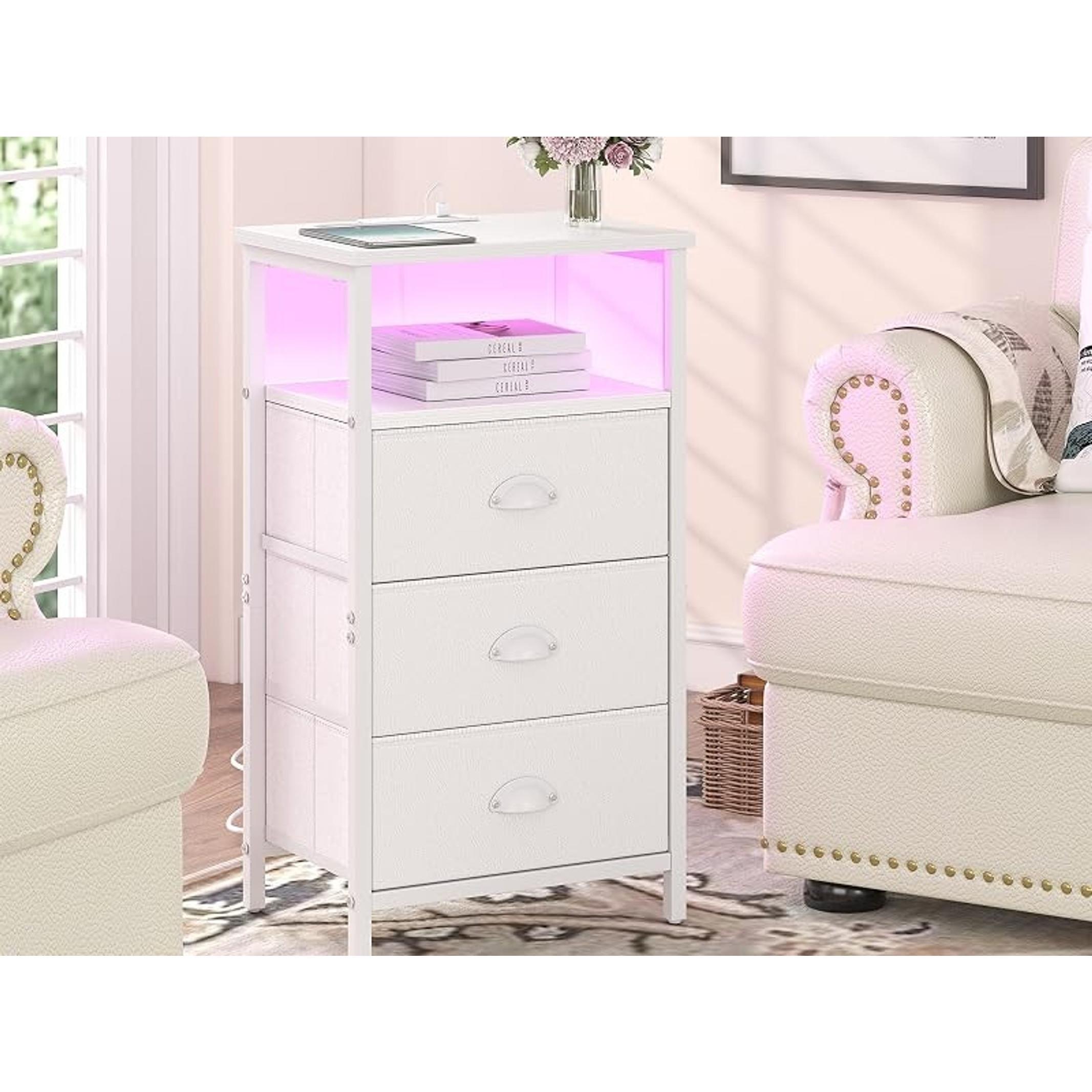 Nightstand with Charging Station,LED White Nightstand with 3 Fabric Drawers PU Finish, Bedside End Tables, 2-Tier Open Storage Shelf Side Table Nightstand with Drawers for Bedroom,White