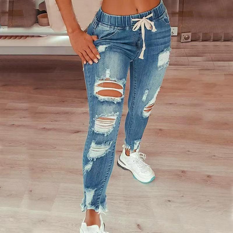 Women's trendy high waist ripped elastic waist drawstring jeans riden jeans perfect  jeans Pants Denim233