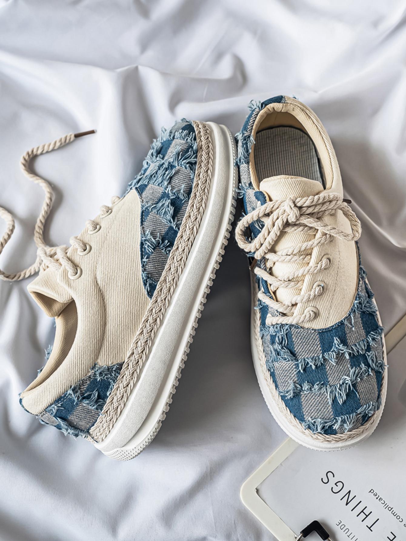 Summer New Men's Plaid Patchwork Hemp Rope Laces, Vintage Straw Trim Soft Elastic Thick Sole, Casual Checkered Shoes for Commute and Streetwear