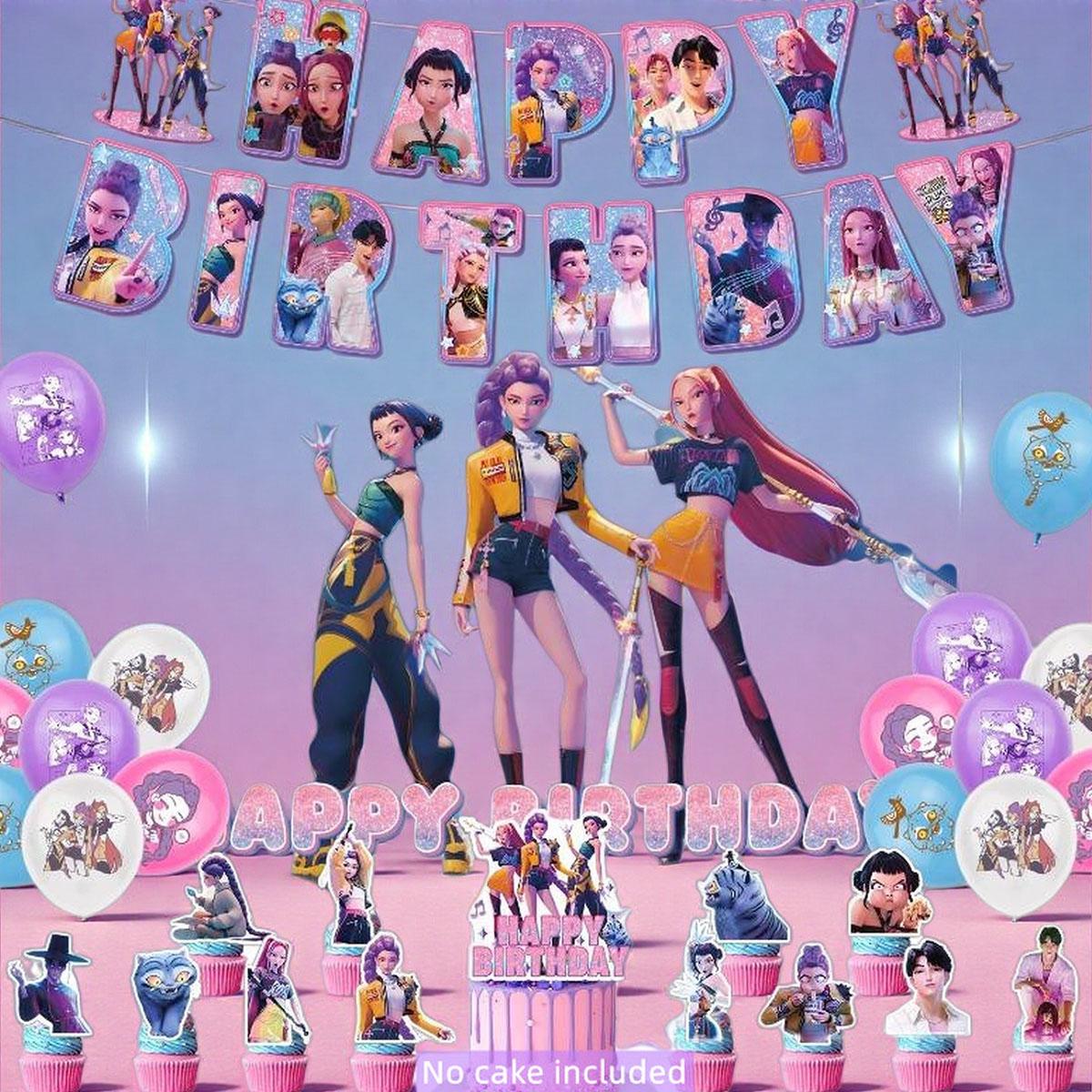K-Pop Birthday Party Decoration Set Collection whimsical home decor,Kpop Anime Girls - Tablecloths, placemats, plates, cups, banners, forks, figurines, Backdrop, balloons, cake decorations, stickers, glasses and masks, K-Popbirthday party tunique decor