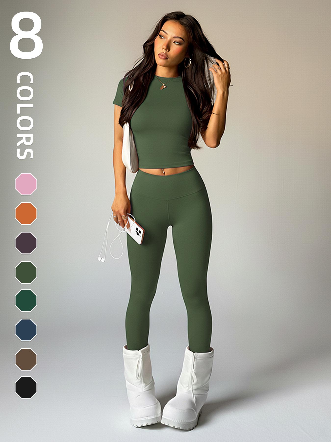 Women's Short Sleeve Round Neck Moisture Wicking Yoga Pants Set, Comfortable Fashion Daily Sports Wear, Elastic Sportswear, Workout Running Clothes