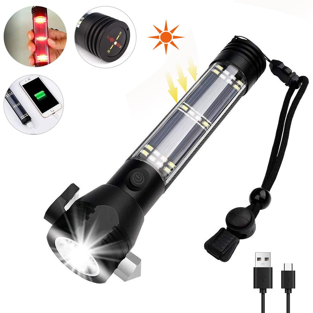 1PC Solar Rechargeable LED High Performance Flashlight, Multi Function Ultra Bright Flashlight, Emergency Strobe Light, USB-C Rechargeable, Survival Gear and Supplies, 5 Modes for Outdoor, Camping, Hiking, Multifunctional Flashlight