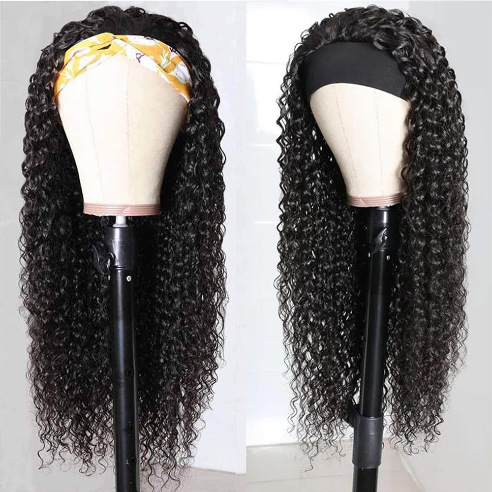 Bling Hair Headband Wig Deep Wave Human Hair For Women Glueless Short Curly Wig Full Machine Made Non Lace Glueless Brazilian Remy Hair