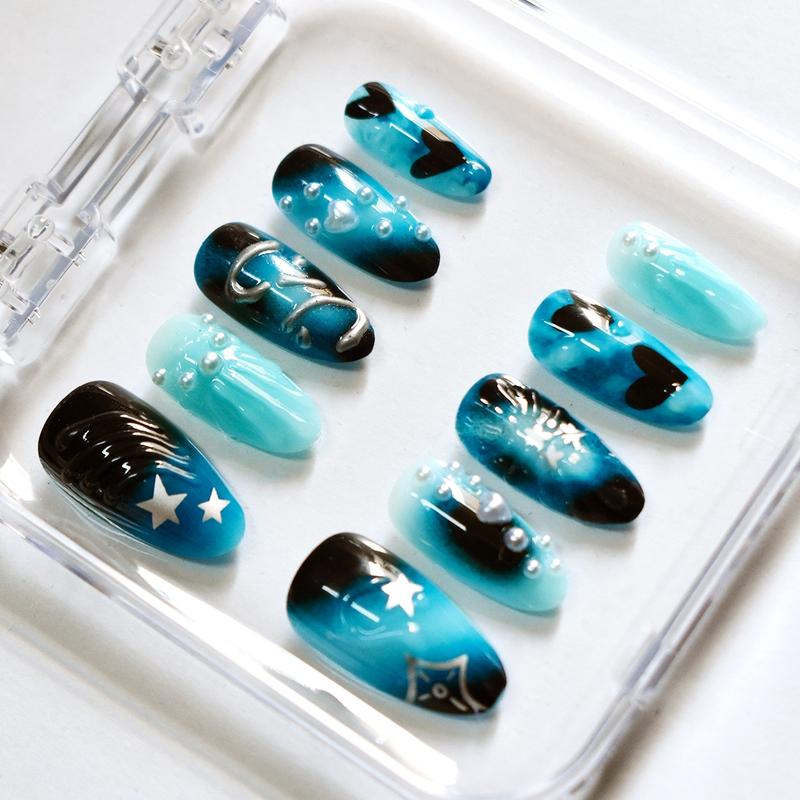 Handmade Almond Shaped Nail Art Set, Dreamy Deep Sea Blue Gradient with Silver Color Stars & Jellyfish Design, Perfect Gift for Girls & Women