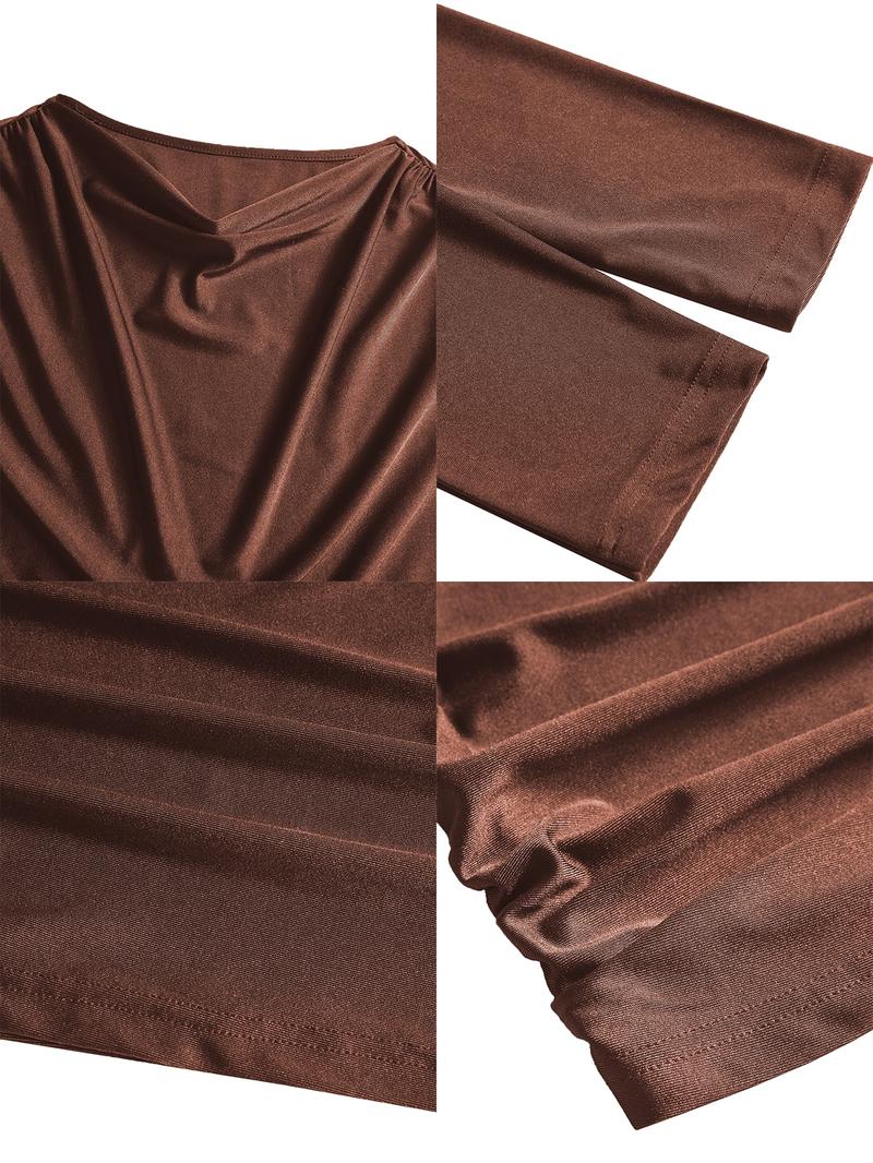 Elegant Women's Two-Piece Set, Fall & Winter High Waist Ruched Skirt, Long Sleeve Round Neck Top, Plain Color, Plus Size Fashion