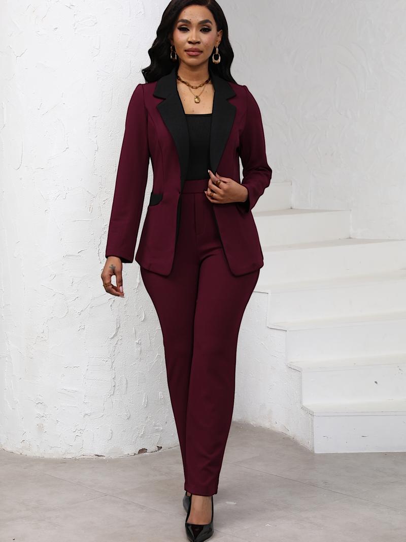 Women's Colorblock Blazer & Straight Leg Pants Set Suits, Elegant Two-piece Set for Work Office Business, Ladies Clothes for All Seasons Women's Colorblock Blazer & Straight Leg Pants Set Suits, Elegant Two-piece Set for Work Office Business, Ladies Clothes for All Seasons