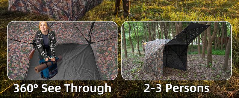 Hunting Blind with Chairs - 360° See Through Ground Blind with Floor Mat, 2-3 & 3-5 Person Pop Up Hunting Blind, Camouflage Carbon Fiber Holster for Deer & Turkey Hunting