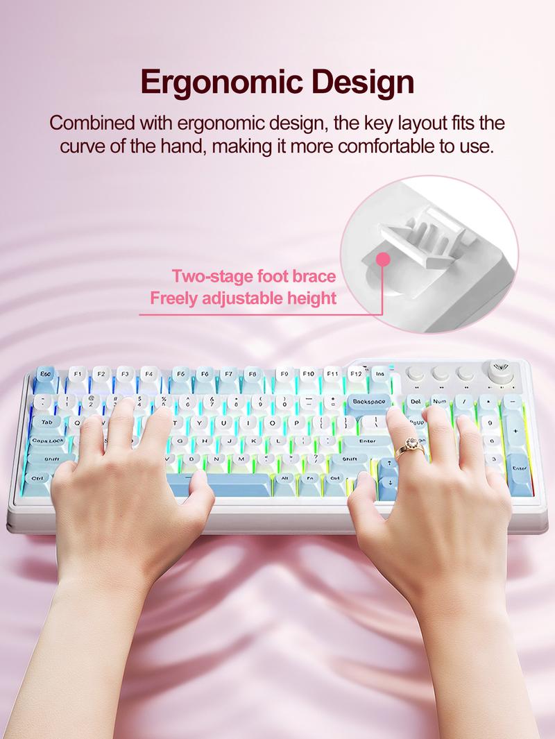 AULA F3099 three-mode, 99-key layout, light tone keys, cool RGB lighting effect, multi-function knob, ergonomic design, long battery life, compatible with computers, notebooks, mobile phones, membrane keyboard, Rgb Backlit Keyboard