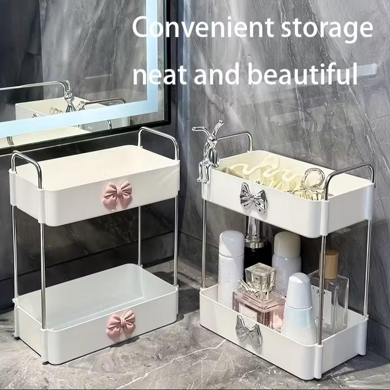 Two-Layer Makeup Storage Box with Rabbit Bow Decor, Multifunctional Bathroom Organizer, Compact Space-Saving Design, Perfect Gift