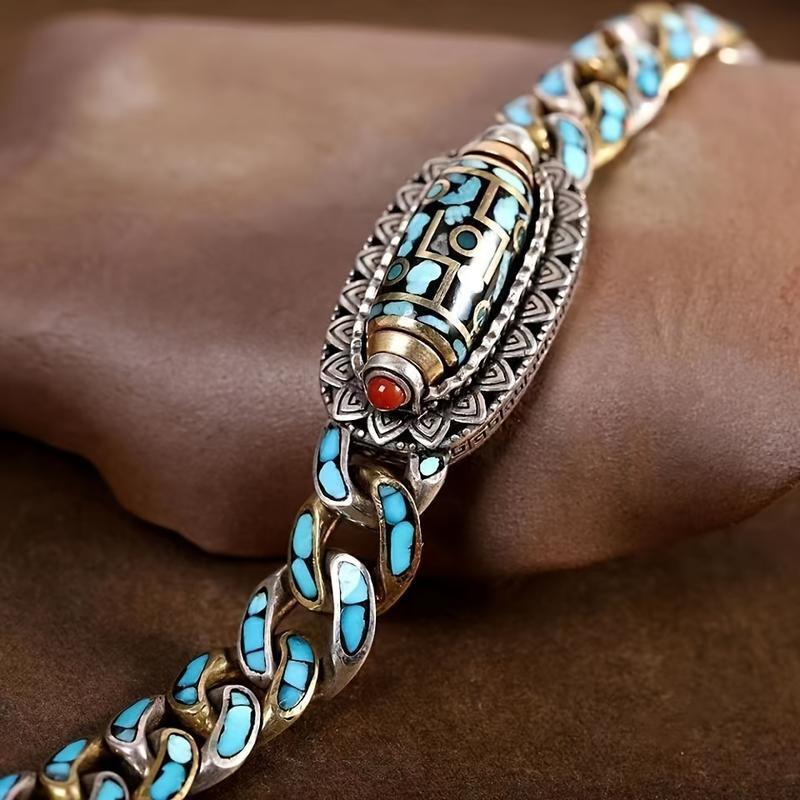 Tibetan-Style 6-Syllable Mantra 9-Eyed Dzi Bead Bracelet, Turquoise Stones, Spiritual Significance DIY Bag Accessory for Good Luck Meditation Daily Wear