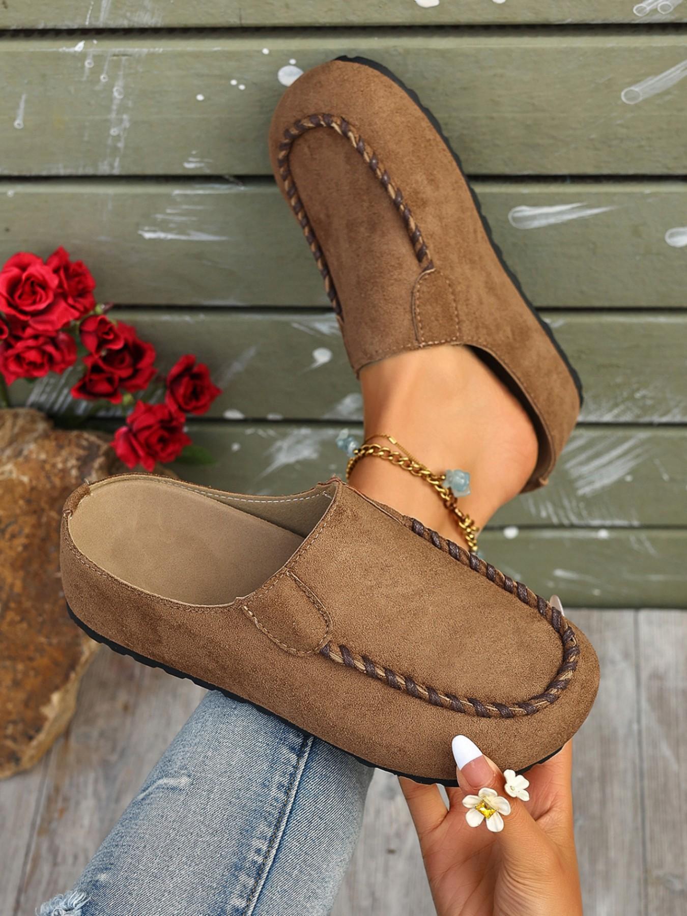 Women Faux Suede Slip On Mule Flats Hand Stitched Trim Closed Toe Backless Loafers Casual Walking Slide Shoes Casual Mules