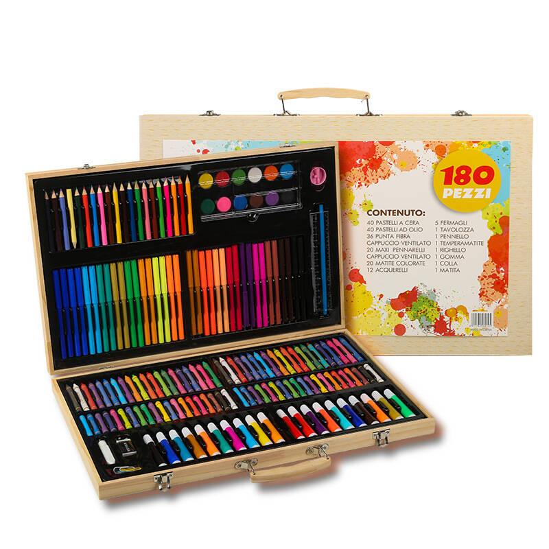 180-Piece Wooden Art Set, Dual-Layer Wood Box, Non-Toxic Washable, DIY Tools for Kids, School Art Supplies, Birthday Gift Box