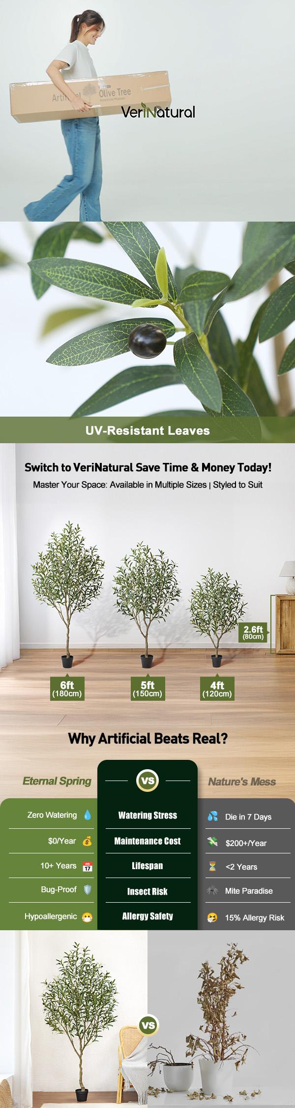 VeriNatural 5/6FT Faux Olive Tree VN126 - Lifelike Decorative Fruit Plant for Living Room Entryway Patio UV Resistant Indoor Outdoor Ornaments