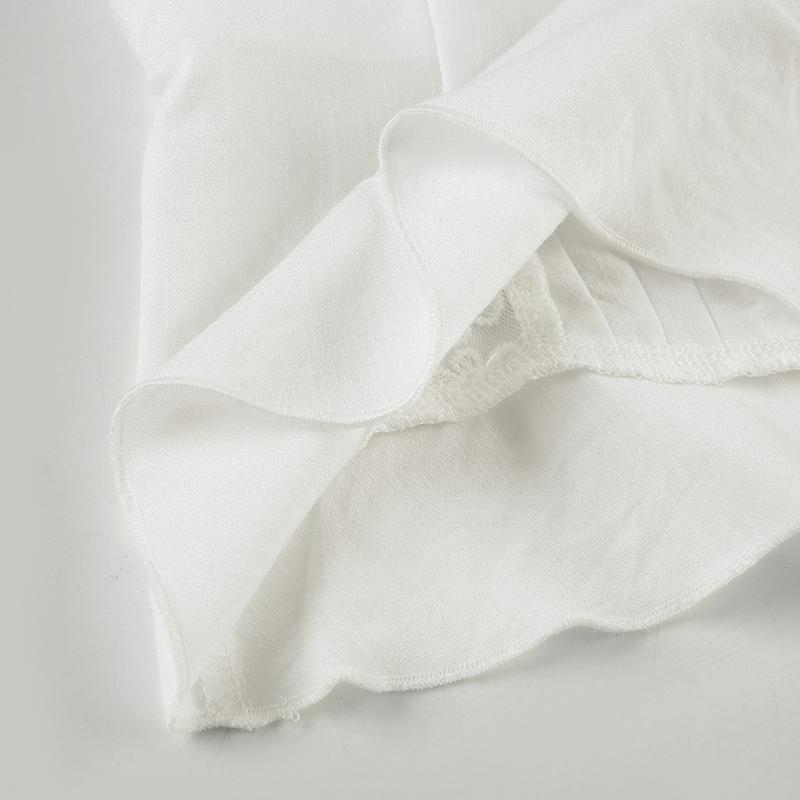 Women's Plain Contrast Lace Frill Trim Button Front Blouse, Sweet Fashion Puff Sleeve Top for Summer, Women's Clothing for Daily Wear