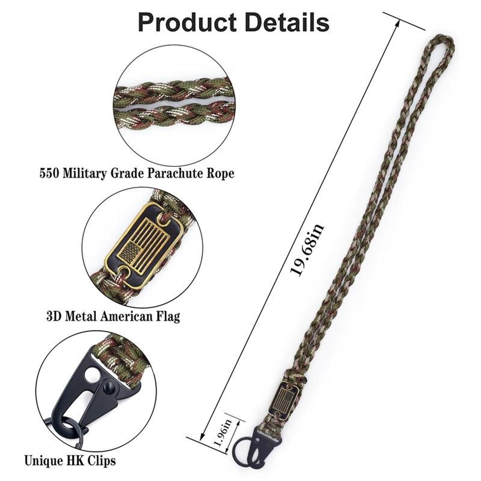 2 Heavy Duty Paracord Lanyard Necklace  550 Braided Keychain Strap with Flag Parachute Rope Keychains Strong for Outdoor Activities Camera Keys