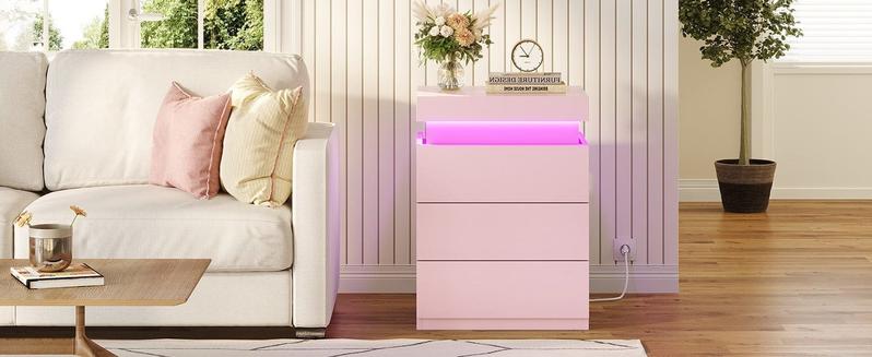 Sikaic Nightstand with LED Lights Charging Station Pink Modern Bedside Table with 3 Storage Drawers and Top Sliding Drawer