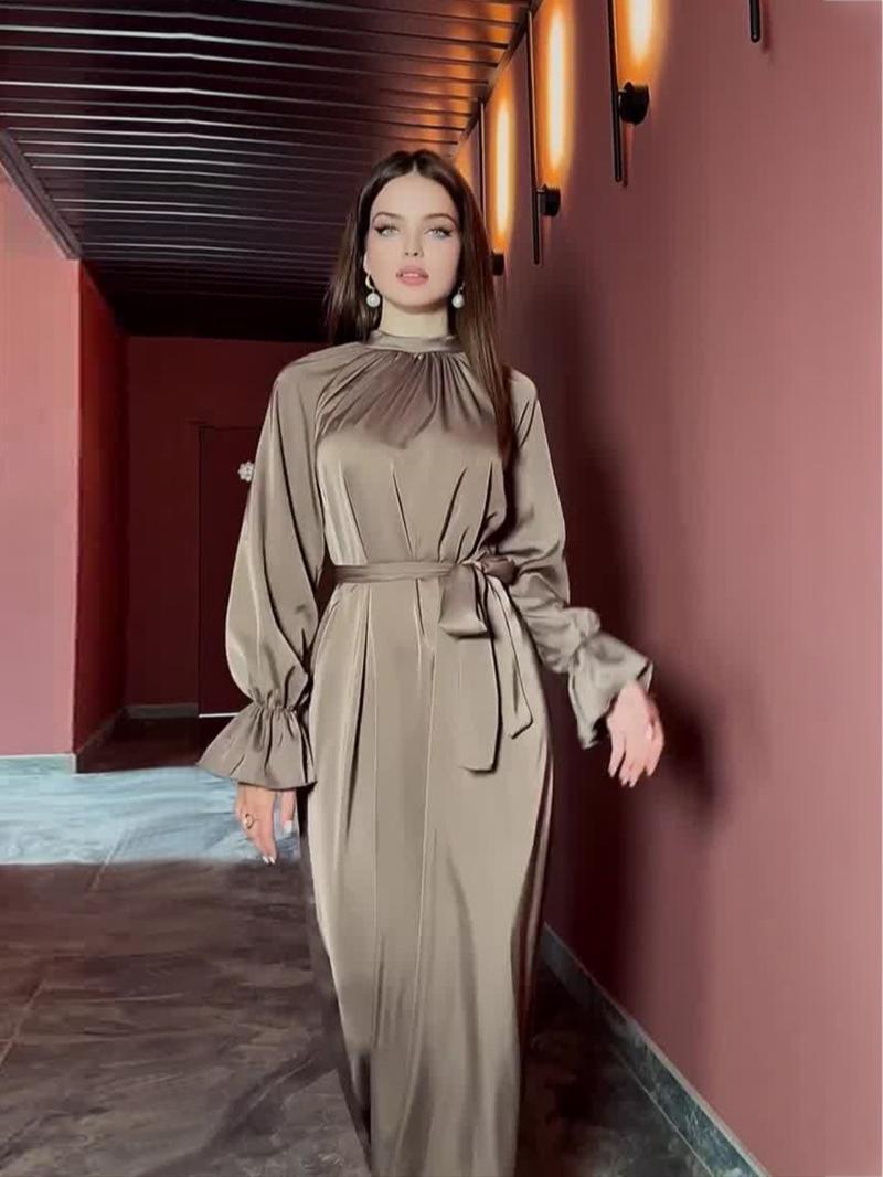 Elegant Satin Women's Dress, Long Sleeve Round Neck, Belted Plain Style, Chic Elegant Fitted, Perfect for Parties and Formal Occasions, Spring & Fall