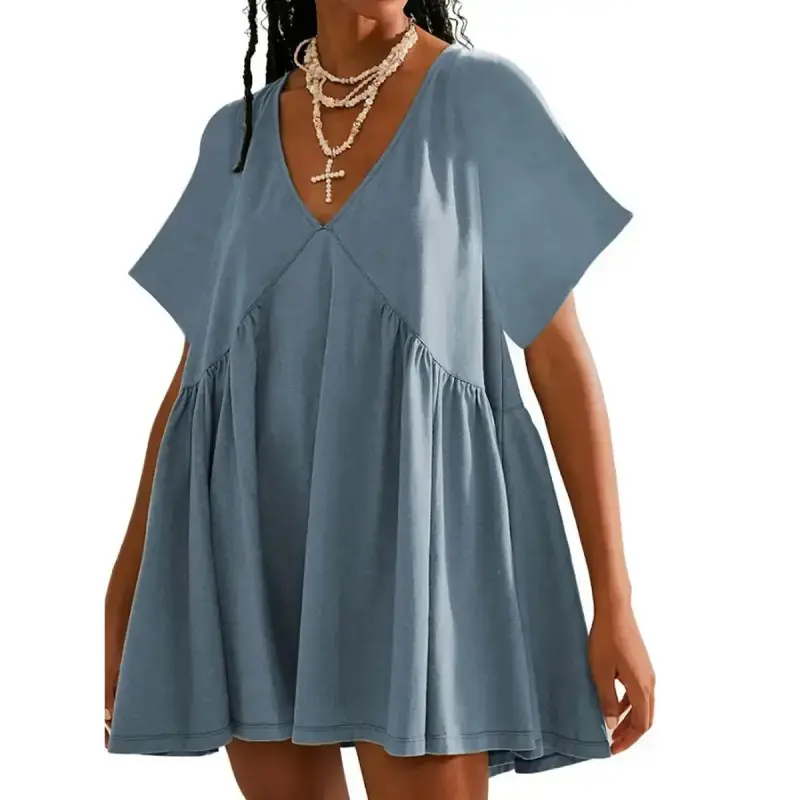 Womens Summer Mini Dress Casual Short Sleeve Loose V Neck Swing Sundress with Pocket Minimalist Batwing
