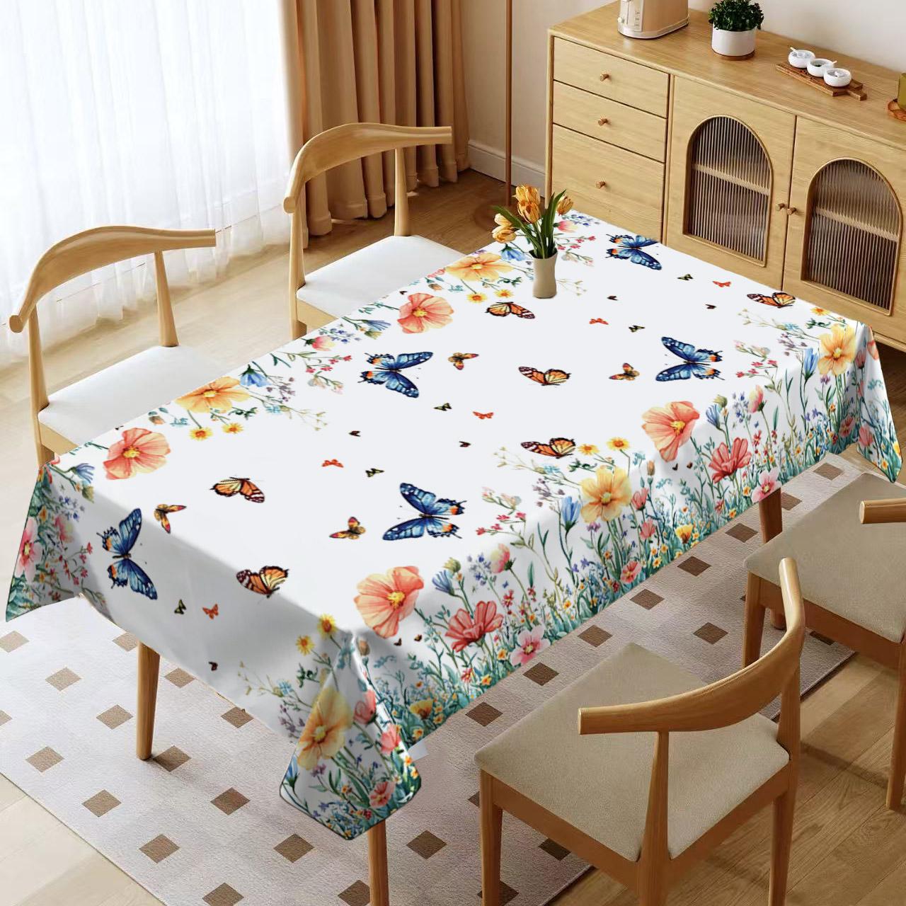 Rectangular Tablecloth Spring Summer Watercolor Flower Butterfly Pattern, Kitchen Decor, Wedding Party Garden Outdoor Picnic Cloth