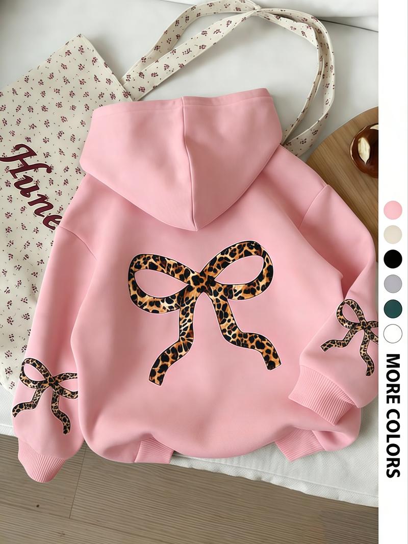 Women's Vintage Leopard Bow Design Hoodie, Casual Long Sleeve Sweatshirt, Fall & Winter Clothing, Daily Wear