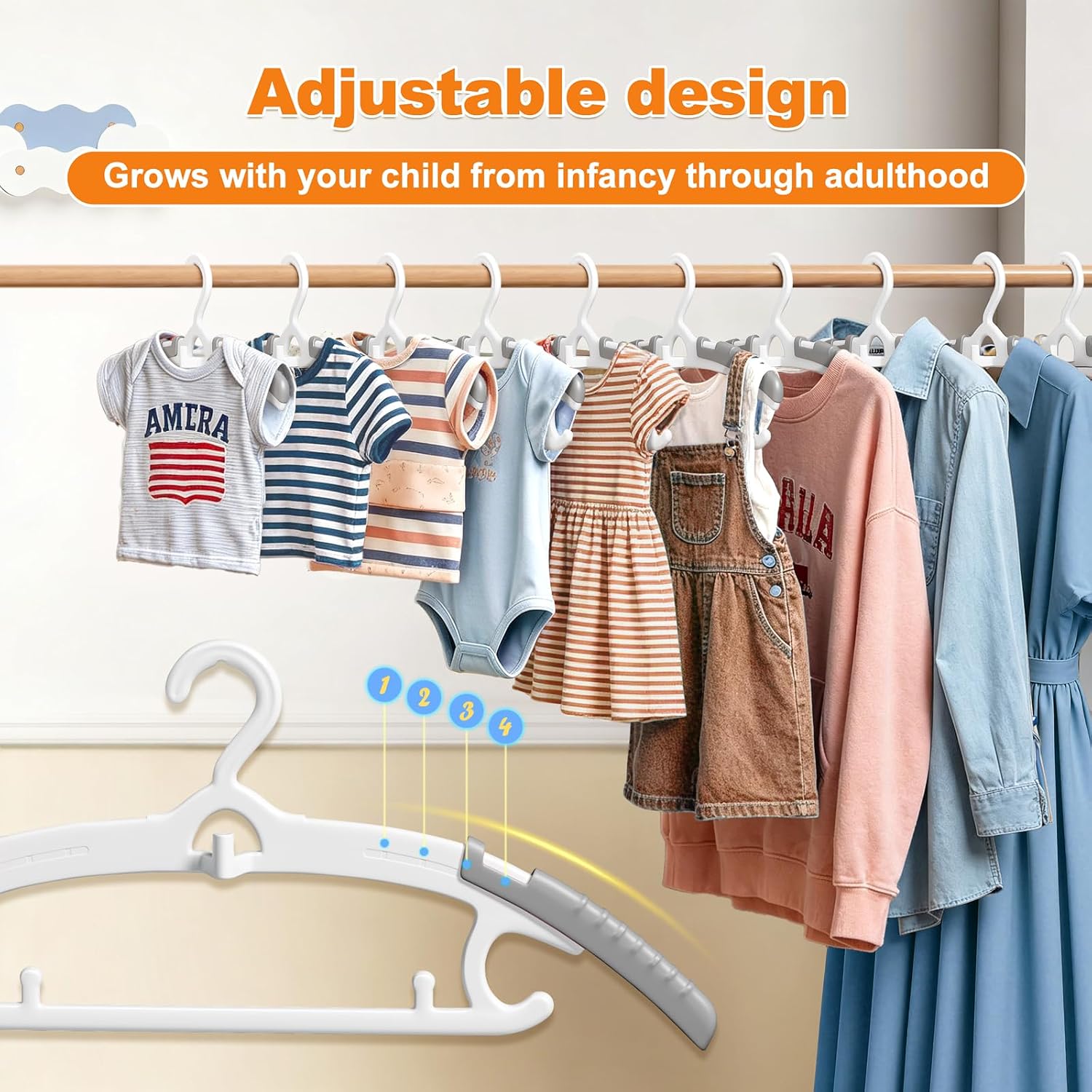 40-Pack White Synthetic Adjustable Clothes Hangers, 11-14 in Extendable Organiser with Side Hooks, Stackable Vertical Modern Design, Non-Slip, Durable, Mini Space-Saving, Smooth Crease-Free Home Organizers