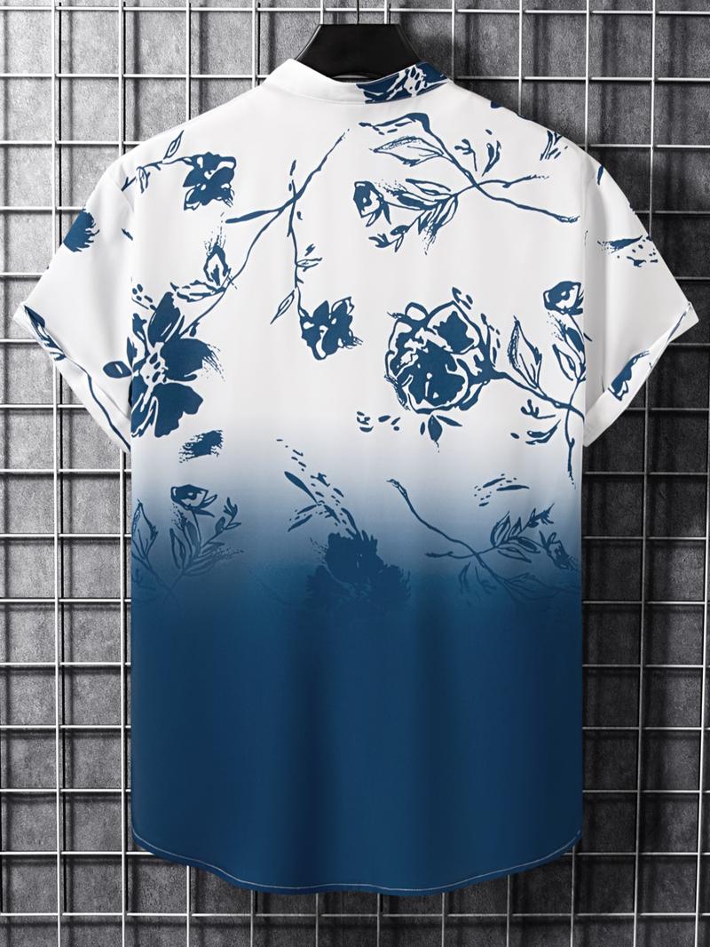 Men's Ombre Floral Print Button Front Shortsleeve Shirt, Regular Fit Streetwear Casual Short Sleeve Stand Collar Top, Summer Clothes for Daily Wear, Summer Clothes, Menswear, Button Up Shirt