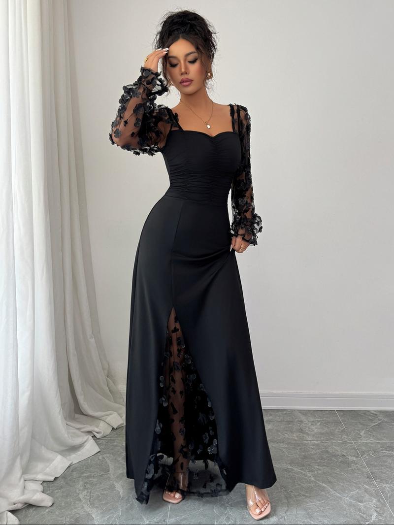 Pure Color Elegant Square Neck Mesh Long Sleeve Split Design Dress, Fitted Plain Style, Perfect for Casual and Formal Occasions