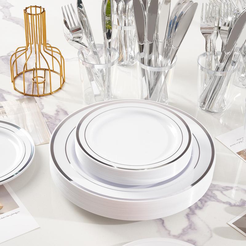 Kerilyn 350/700 Pcs Plastic Plates Disposable Silverware and cups, Disposable Party Plates for 50 Guests, Include: 100 Plastic Plates, 50 Pre Rolled Napkins with Gold Silverware, 50 Cups