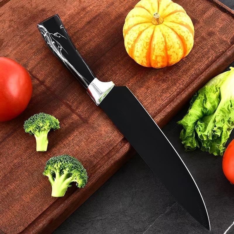 6 Piece Kitchen Knife Set – a chef power set with non-slip handles and steel blades. The set includes a chef knife, santoku knife,slicing knife,utility knife,and paring knife,designed for both durability and long-lasting sharpness.Block Colorful Stainless