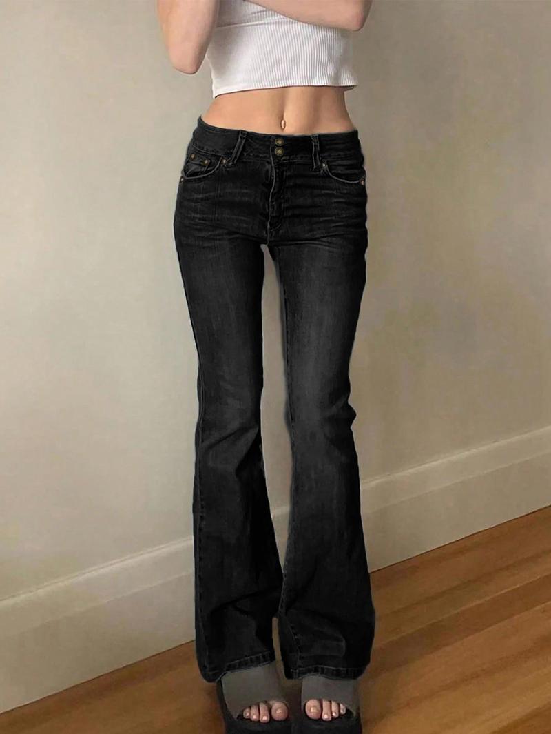 NVFelix Women's Y2k Low Rise Flare Jeans Double Button Design Stretch Bootcut Pants Soft Denim for Comfortable Daily Wear