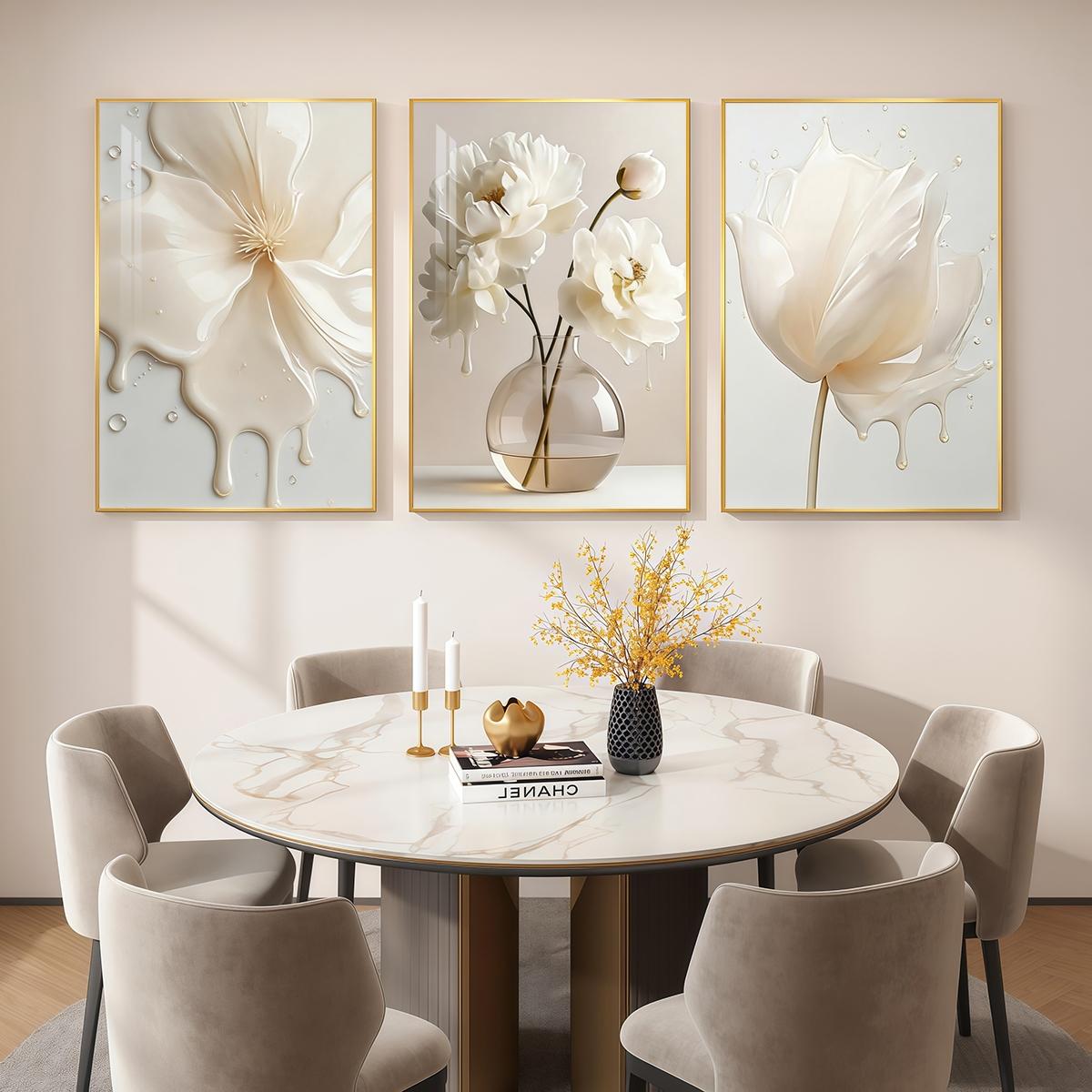 3 Counts Aluminum Alloy Framed Painting, Elegant White Liquid Floral Art Pictures, Home Decoration For Living Room, Bedroom, Office, Restaurant, Hallway Wall Decor, Odorless Print Artwork, Luxury Perfect Gift For Friends And Family