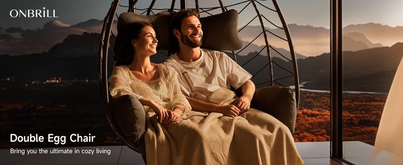 【Valentine's Day Gift】ONBRILL Double Egg Chair with Stand, Indoor Outdoor 2 Person Hammock Swing Chair with Cushions & Headrest, 650LBS Capacity Hanging Loveseat for Patio, Bedroom, Garden, Balcony