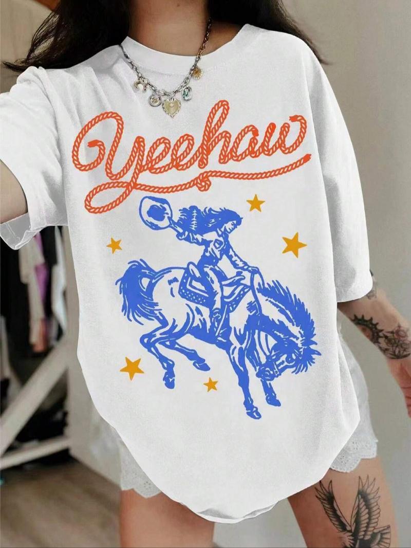 Women's Letter & Cowboy Print Drop Shoulder Tee, Casual Half Sleeve Round Neck T-shirt for Daily Wear, Ladies Clothes for All Seasons, Womenswear