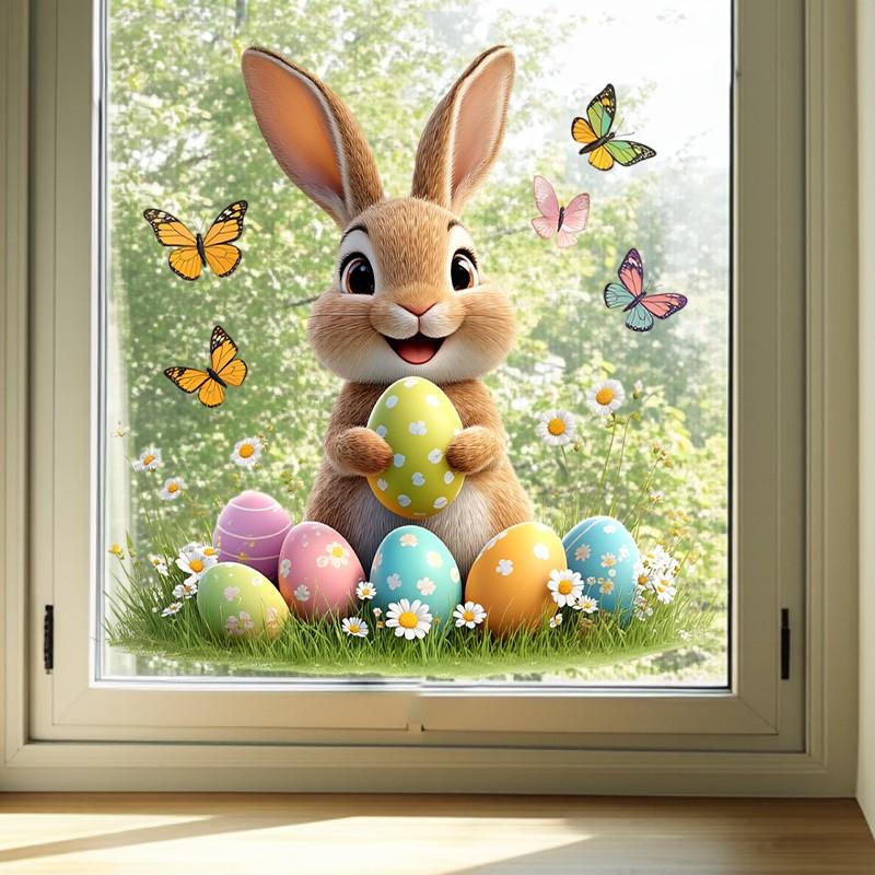 Easter Bunny Egg Sticker, Self-Adhesive Window Decal, Home Wall Decor, Removable PVC Art Sticker, Festive Seasonal Decoration