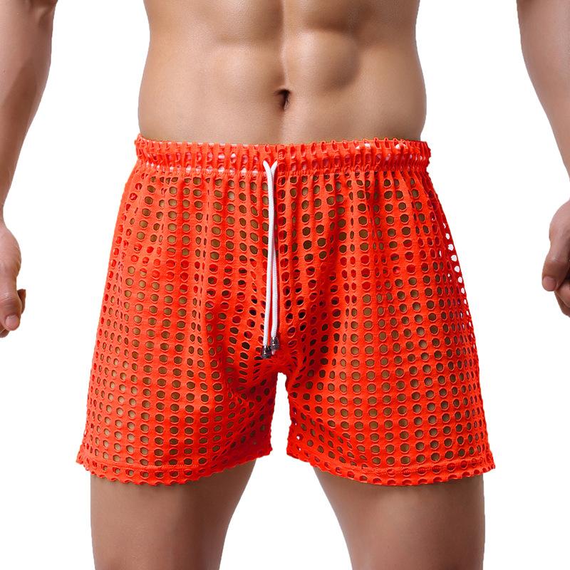 Mens Hollow Mesh Shorts Loose Fit See Through Mid Length Boxer Style Breathable Sexy Elastic Drawstring Shorts Low Waist Lightweight Soft Fabric Summer Loungewear Streetwear Trendy Nightwear Stylish Comfortable for All Seasons
