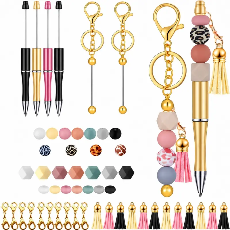 49pcs Beaded Keychain Making Set Includes 2pcs Golden Keychain, Plastic Beaded Pen With 4 Colorful Beads, 25pcs Silicone Beads, 12pcs Tassel And 6pcs Lobster Clasp For DIY Pen Keychain Pendant Making Kit Keychain Hooks DIY Keychains