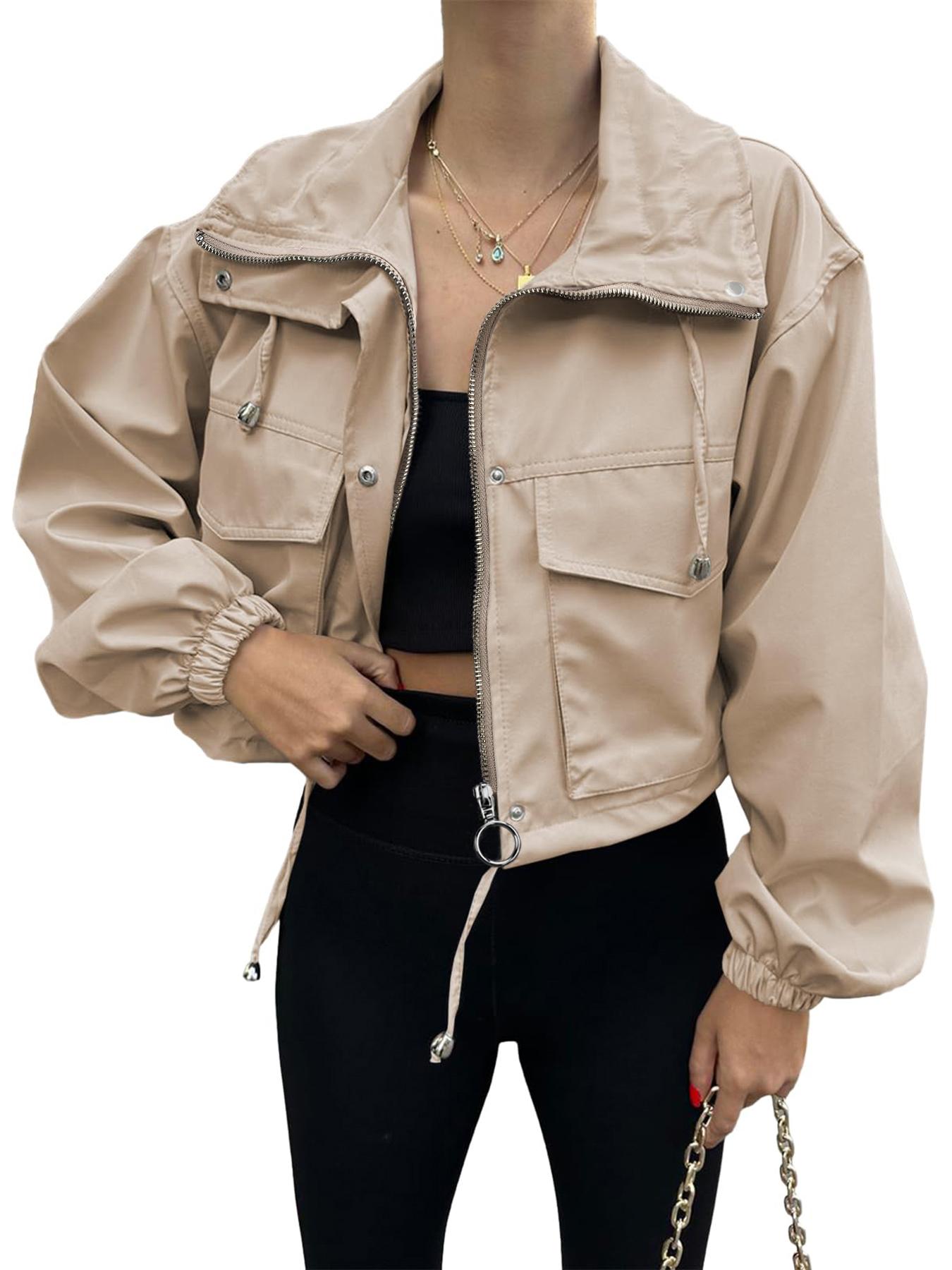 ASWULK Women's Cropped Jacket Zip Up Lightweight Oversized Utility Coat with Pockets for Spring and Fall Wear Adjustable Drawstring Snap Button Zipper