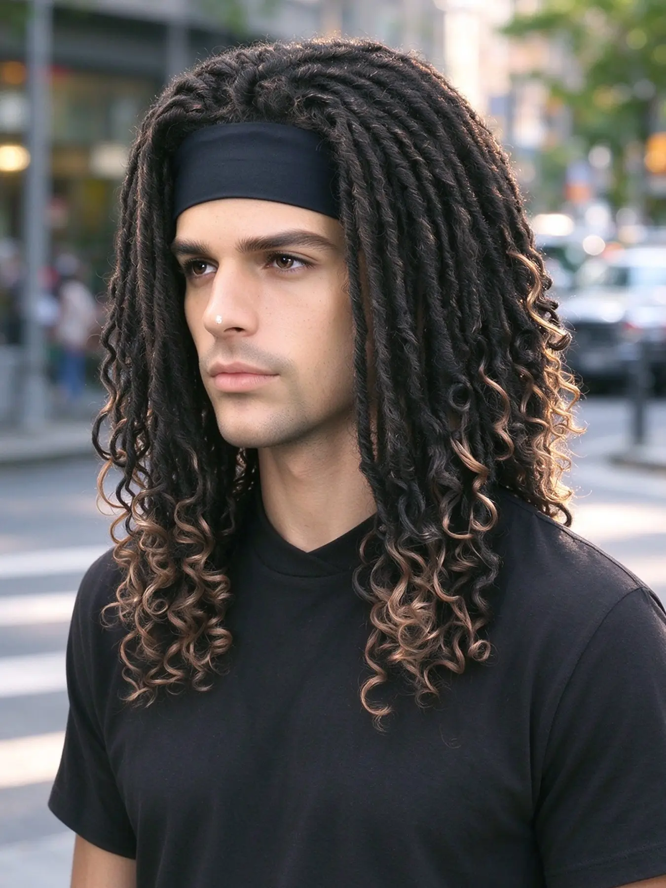 Men Headband Dreadlock Wig, Synthetic Hair Ombre Twist Loc, Ready-To-Wear Dreads, No Glue Needed, Fashionable Hairstyle for Men