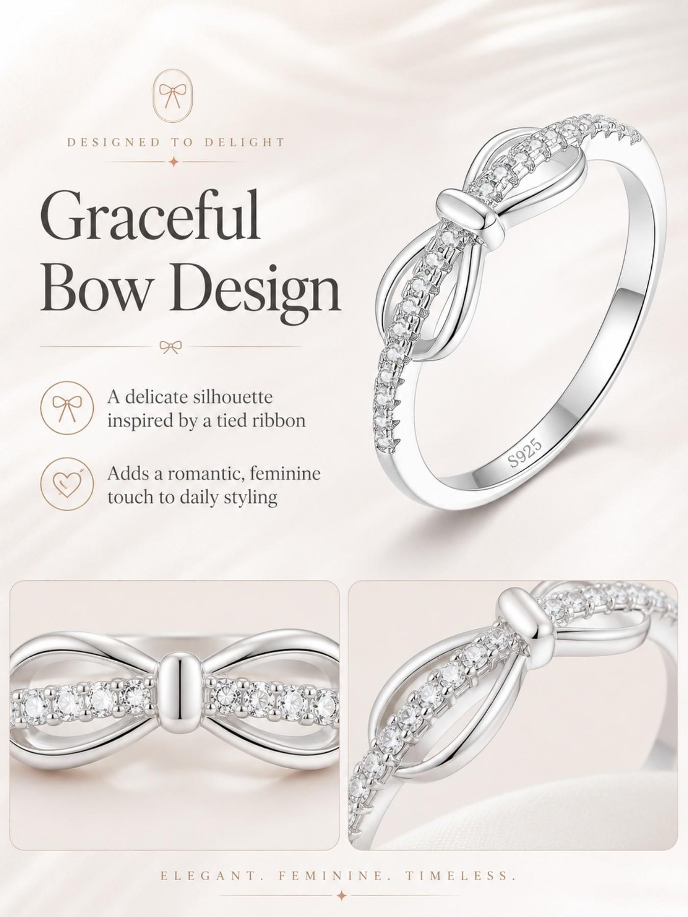 S925 Sterling Silver Elegant Bow Ring inlaid with D-color lab-grown moissanite, ideal gifts for birthdays, wedding anniversaries and Christmas