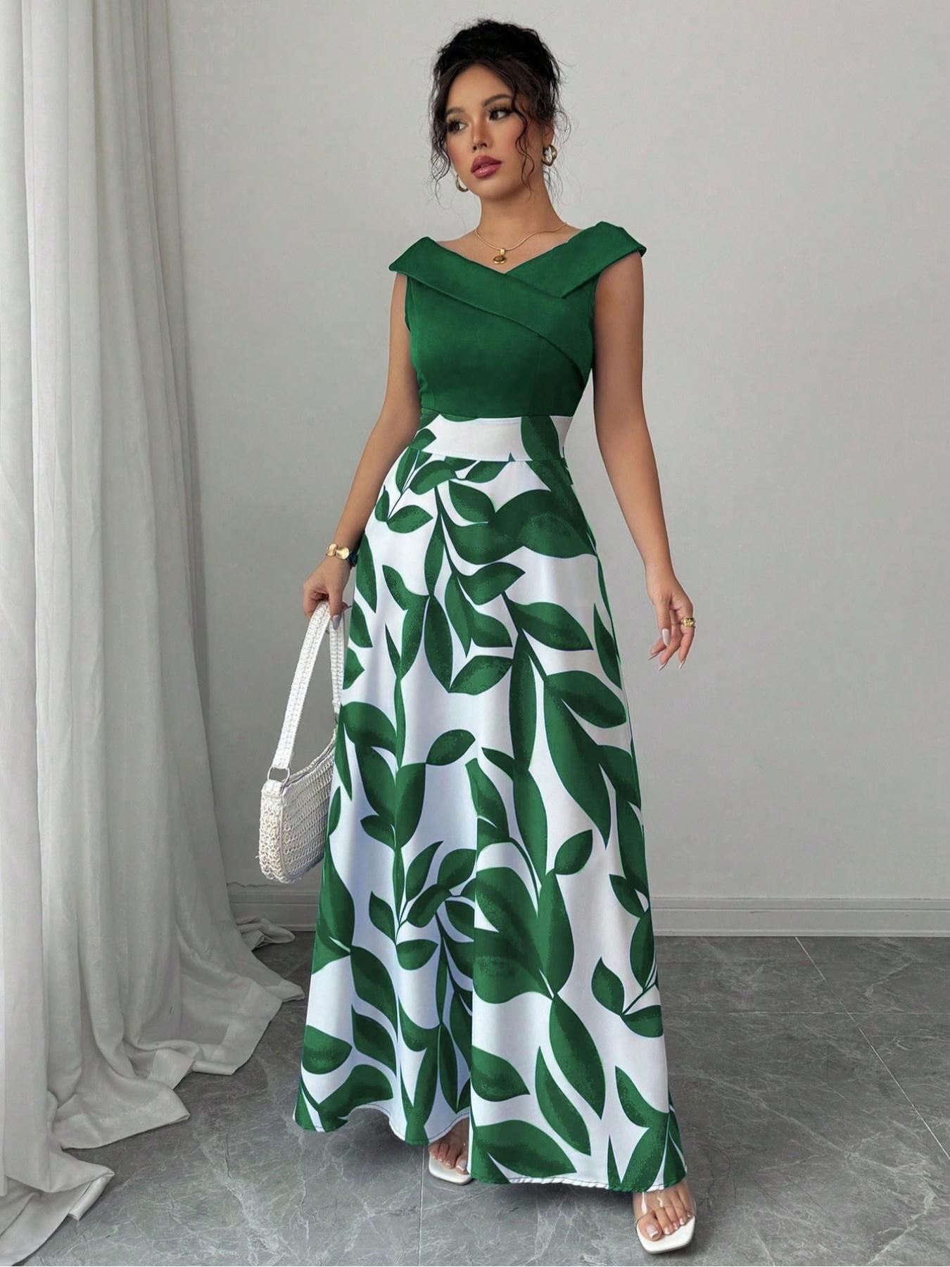 Women's Leaf Printed Patchwork Slim Fit V-Neck Flare Dress, Casual Vacation Style with Pockets, Perfect for Beach & Outdoor Activities