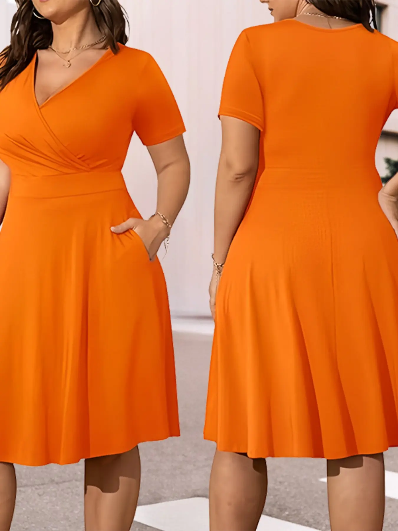 New Spring Summer Women's V Neck Dress with Side Pockets, a Line Knee Length, Elegant Chic Fashion Style Versatile High-End Feel