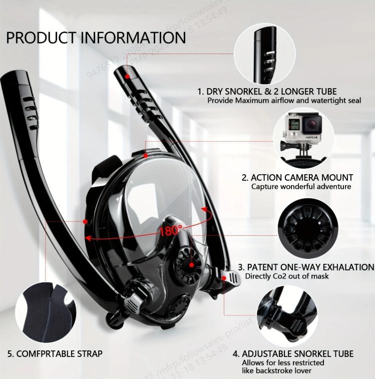 Professional Double Tube Full Snorkeling Mask, 180° Panoramic Anti-Fog Diving Mask, Dry Top System, Detachable Camera Bracket, Adult Snorkeling Equipment, Diving Gear