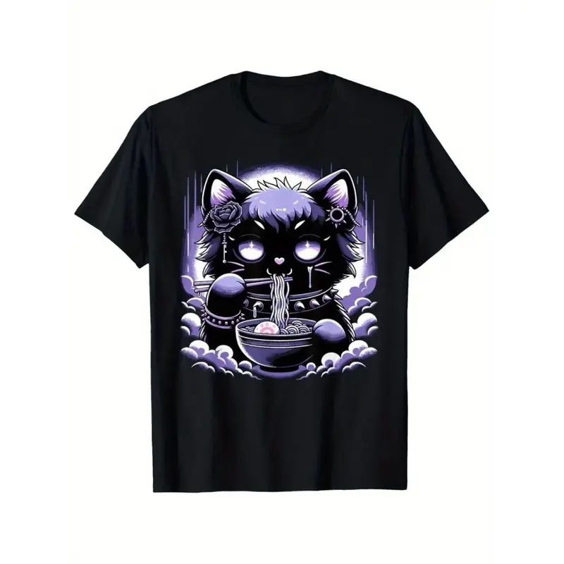 Gothic Cat Ramen Graphic Tee for Men Women Black Cotton T-shirt Summer Casual Dark Anime Japanese Noodle Top