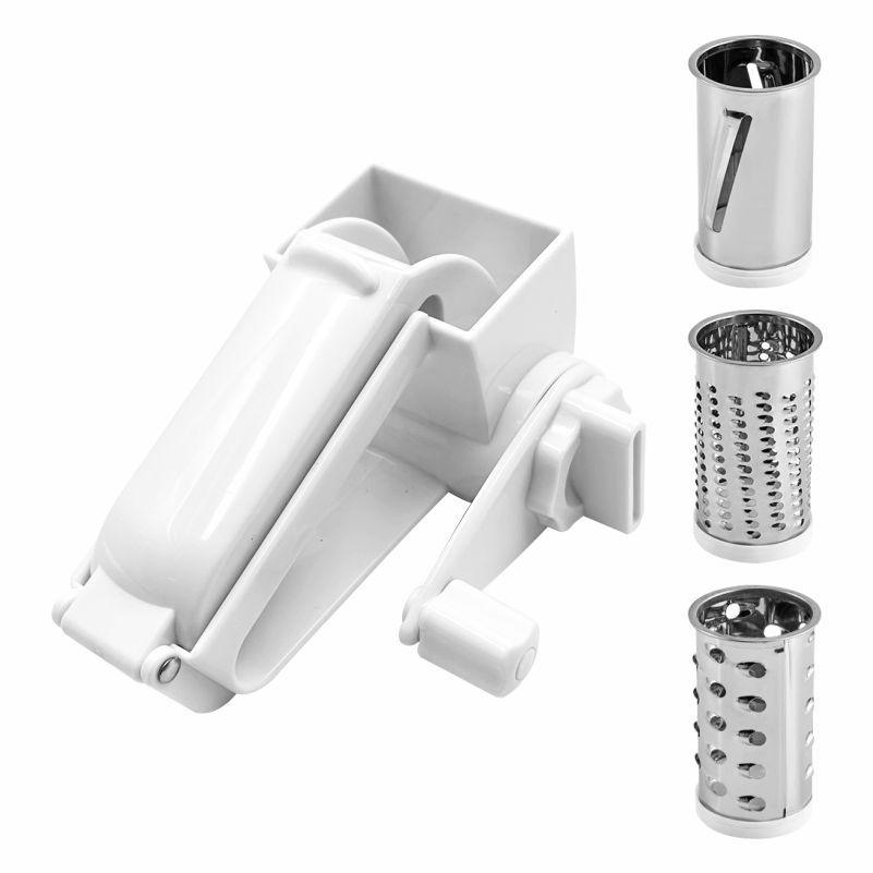 Four-piece set includes all accessories, three-in-one multi-functional convenient manual rotary cheese and vegetable potato grater - one contains 3 interchangeable grater rollers, multi-functional kitchen utensils, and meal preparation tools