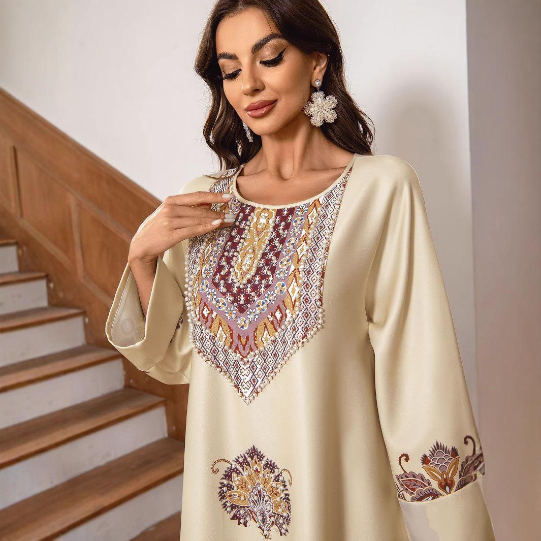 Muslim Dress Round Neck Printed Rhinestone Beaded Loose A-Line Long Robe